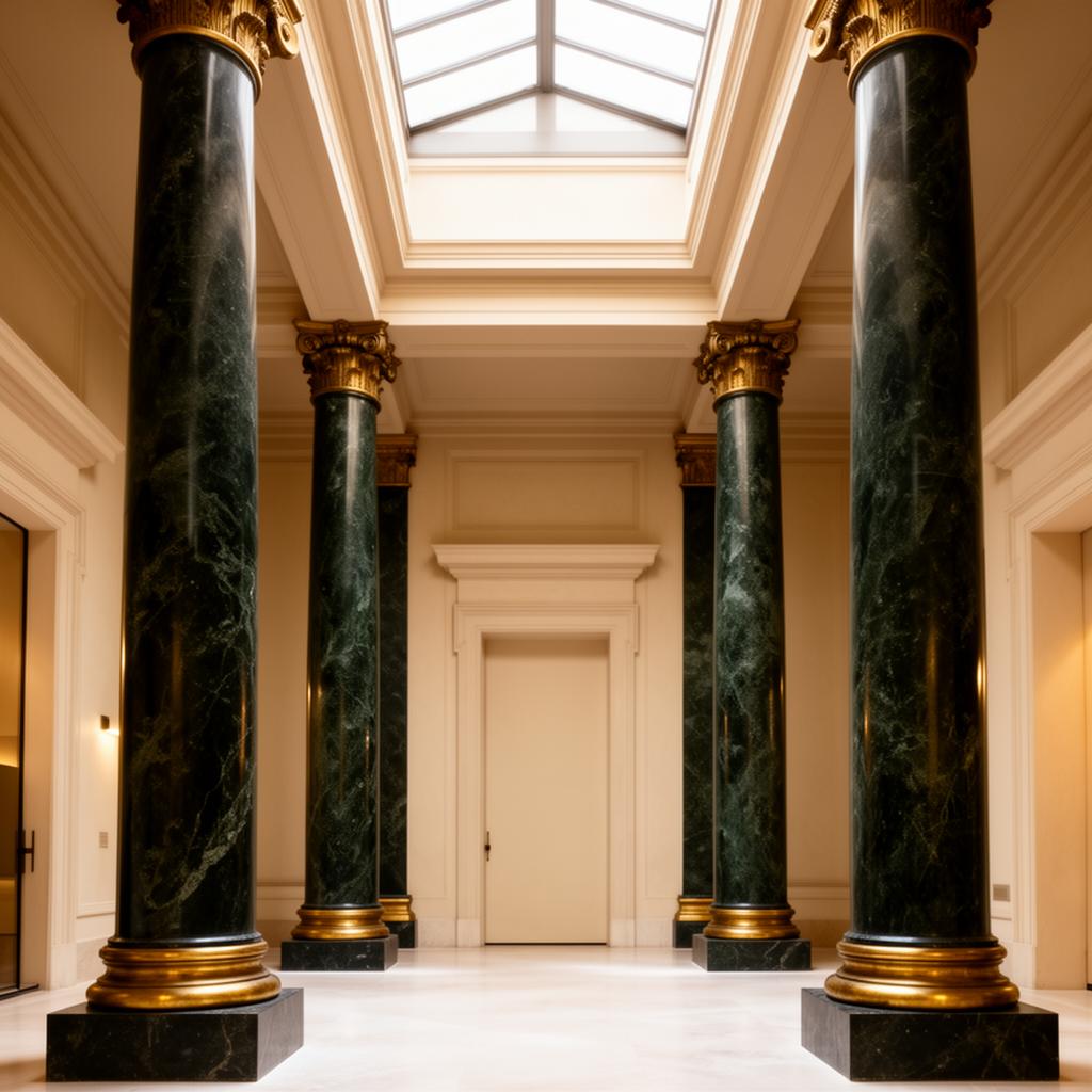 Atrium milanese con colonne in marmo verde e dettagli in ottone